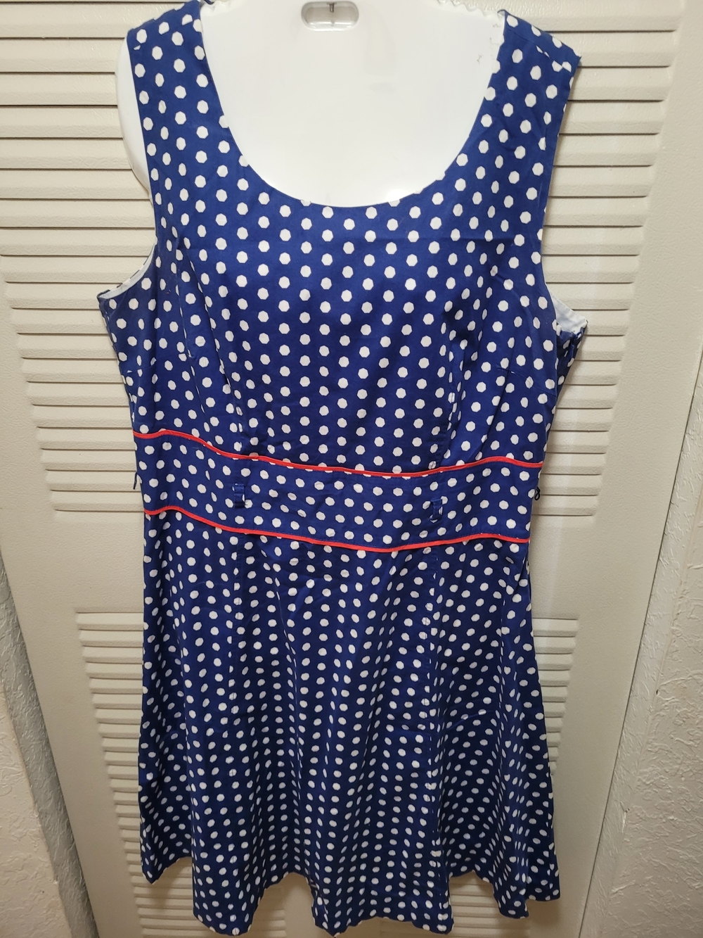 Robbie Bee Blue and White Polka Dot Sleeveless Dress with Red Waist Piping